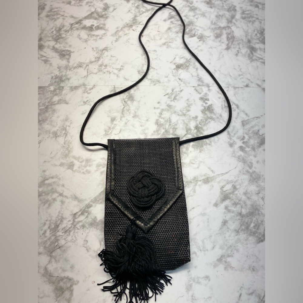 Black mesh lightweight crossbody fold over tassel